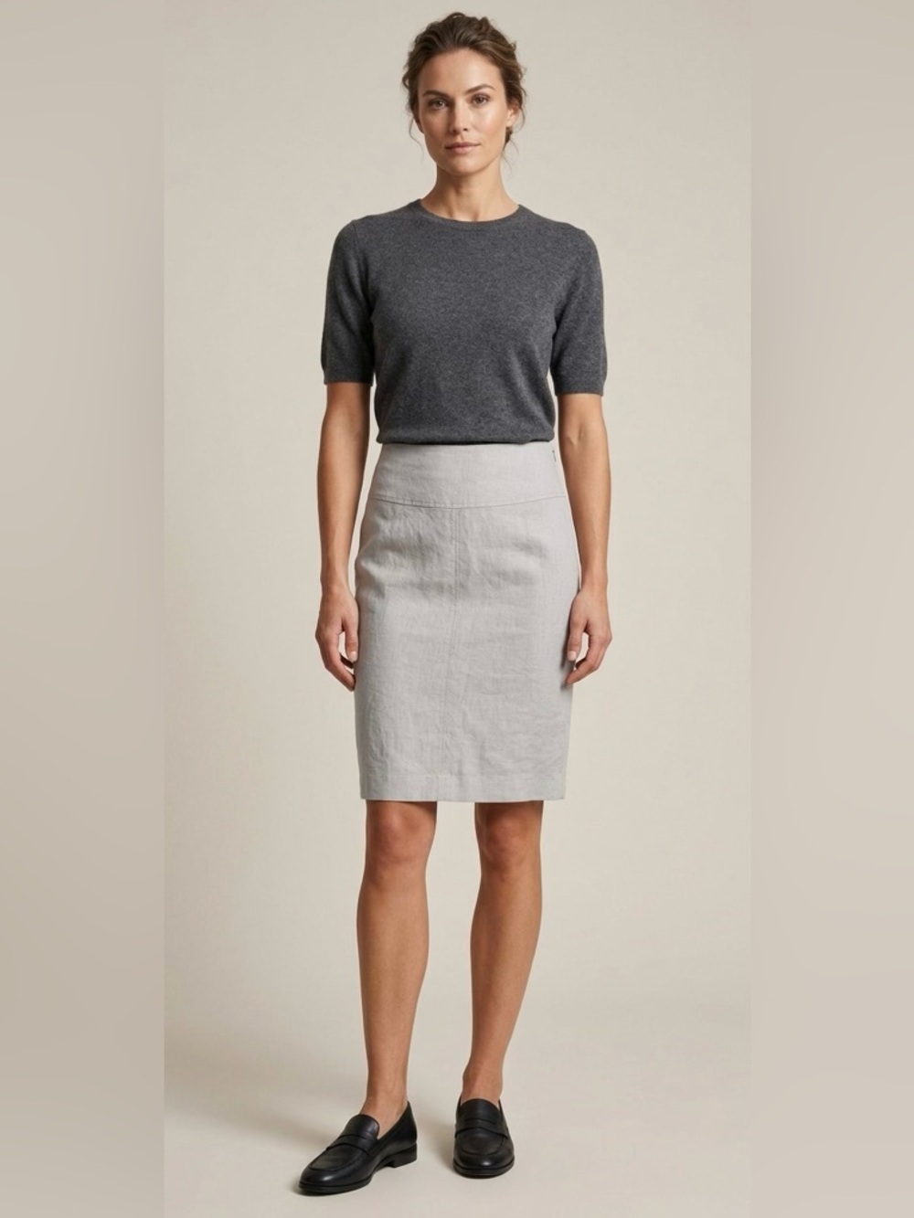 Sarah Pacini Linen Pencil Straight Skirt Lightweight Minimalist Zip Casual Gray